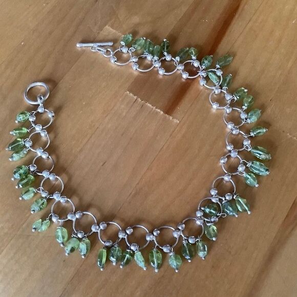 sterling SILVER 925 GREEN PERIDOT DANGLING BEADS ANKLET/BRACELET NEW - Picture 1 of 7